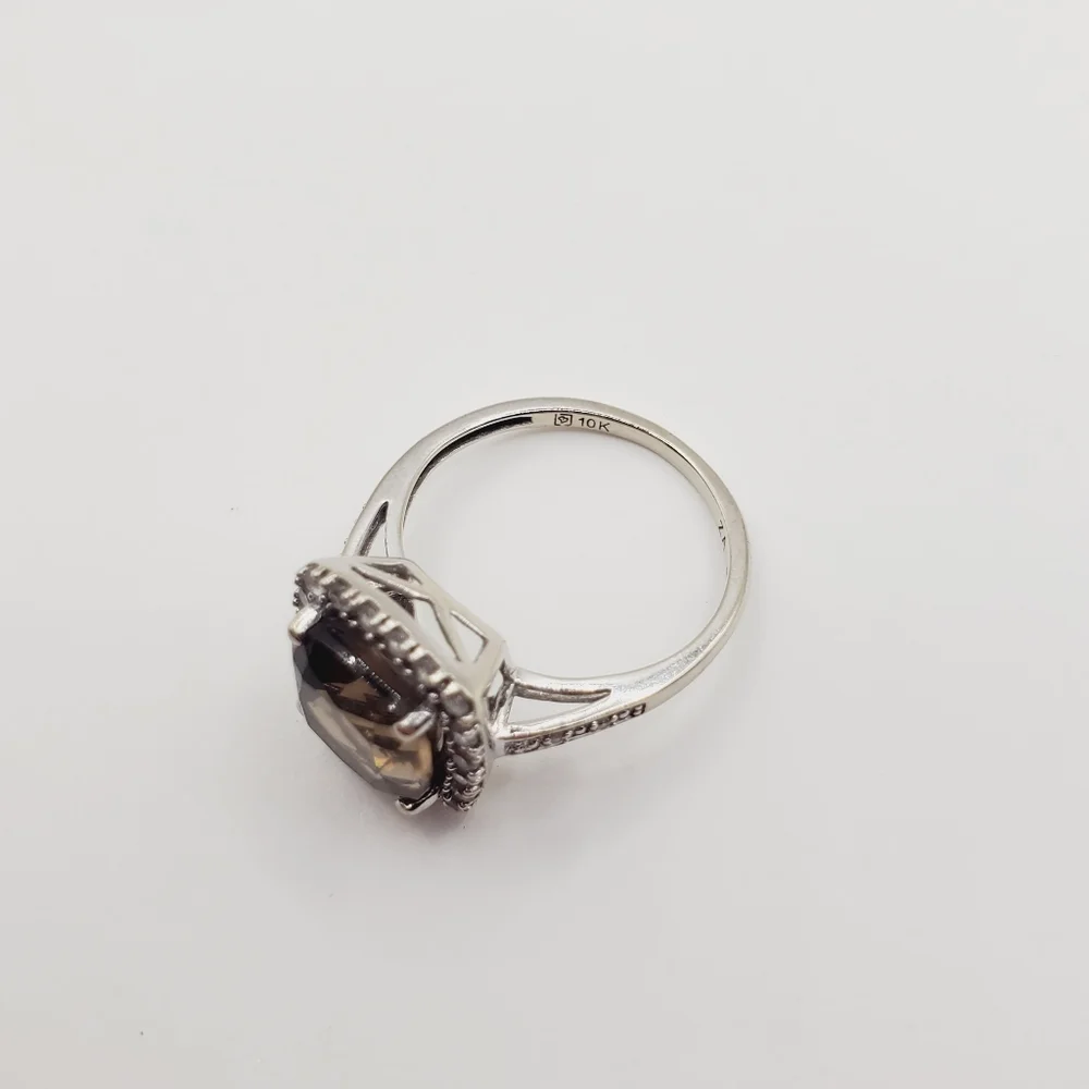 10K Solid White Gold Smoky Quartz, Diamond & White Topaz Halo Ring